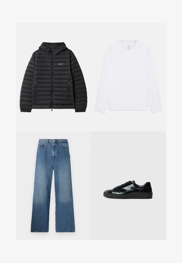 Pudret sort jakke med hætte, lynlås foran og to sidelommer. Har et logo på venstre bryst og en struktureret, quiltet design.; Hvid langærmet T-shirt med rund hals og Armani Exchange-logo trykt inde i halsudskæringen, størrelse medium.; Bredde ben blå denim jeans med et klassisk fem-lomme design, frontlukning med knap og let falming for tekstur.; Sorte laklæder sneakers med rund tå, snørredesign, tekstureret gummisål og en glat overflade.