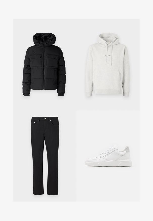 Schwarze gepolsterte Jacke mit Kapuze, zwei Brusttaschen, einem Frontreißverschluss und Rippbündchen. Glatte Textur und leichtes Design.; Hellgrauer Hoodie mit Kängurutasche, Kapuze mit Kordelzug und schwarzen gestickten Text auf der Vorderseite. Mischgewebe aus Baumwolle, gerippte Bündchen.; Schwarze Jeans aus Denim mit geradem Bein-Design, ausgestattet mit fünf Taschen und silbernem Zubehör sowie einer glatten Textur. Keine Muster oder Akzente.; Weiße Leder-Sneaker mit glatter Oberfläche, rundem Zehenbereich, flachen Schnürsenkeln und strukturiertem Schuhsohlen. Graues Wildleder-Detail an der Ferse.