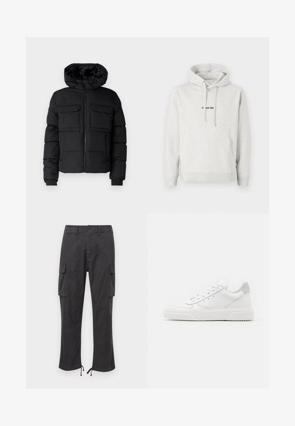 Must värvitud padi jakk kapuutsiga, millel on kaks rinna taskut, eesmine tõmblukk ja ribakäised. Sile tekstuur ja kerge disain.; Heledast hall sweatshirt, millel on kängurupocket, kõikuma cape ja musta värvi tikandiga tekst ees. Puuvillase segu kangas, ribaga soonikuid.; Musthave cargo püksid kahte küljetaskut, reguleeritavad nöörsued, nupuga sulgemine ja sile, vastupidav kangas.; Valged nahast spordijalatsid siledast nahast viimistlusega, ümarate varvastega, lamekestega ja tekstuuriga tallaga. Hall suede aktsent kanna juures.