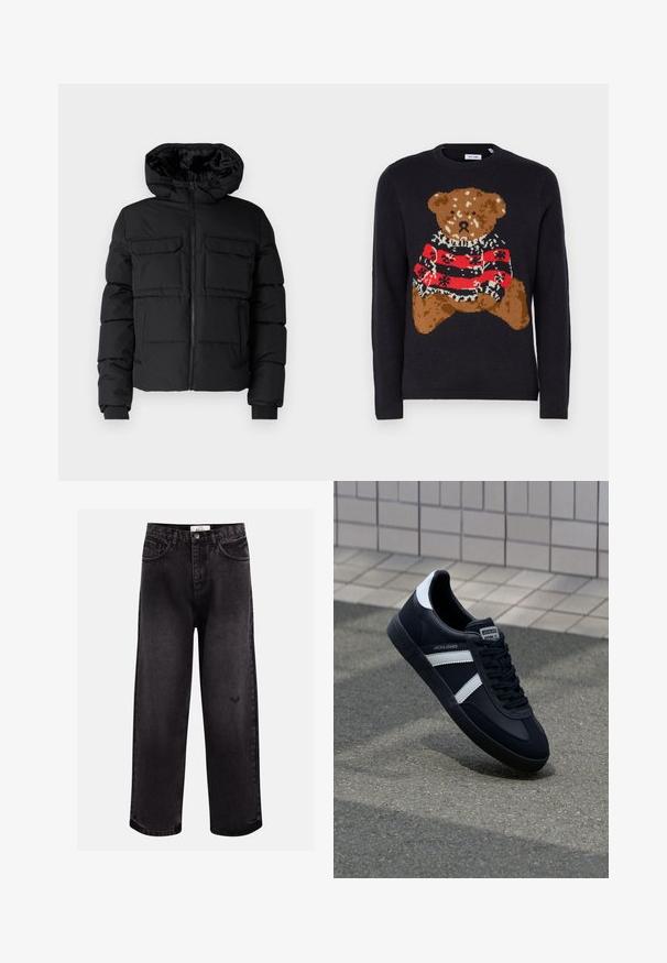 Sort polstret jakke med hætte, der har to brystlommer, en frontlynlås og ribbede ærmer. Glat overflade og letvægtsdesign.; Sorte strikket sweater med et teddy bear design i brunt, der bærer en rød og sort stribet sweater med hvide accenter og en rund halsudskæring.; Sorte denim jeans med bred benpasform, der har fem lommer, en syet talje og en diskret logodetalje nær knæet.; Sort lædersneaker med hvide striber, tekstureret gummisål og snørrebånd foran. Har et brandet mærke på tungen.