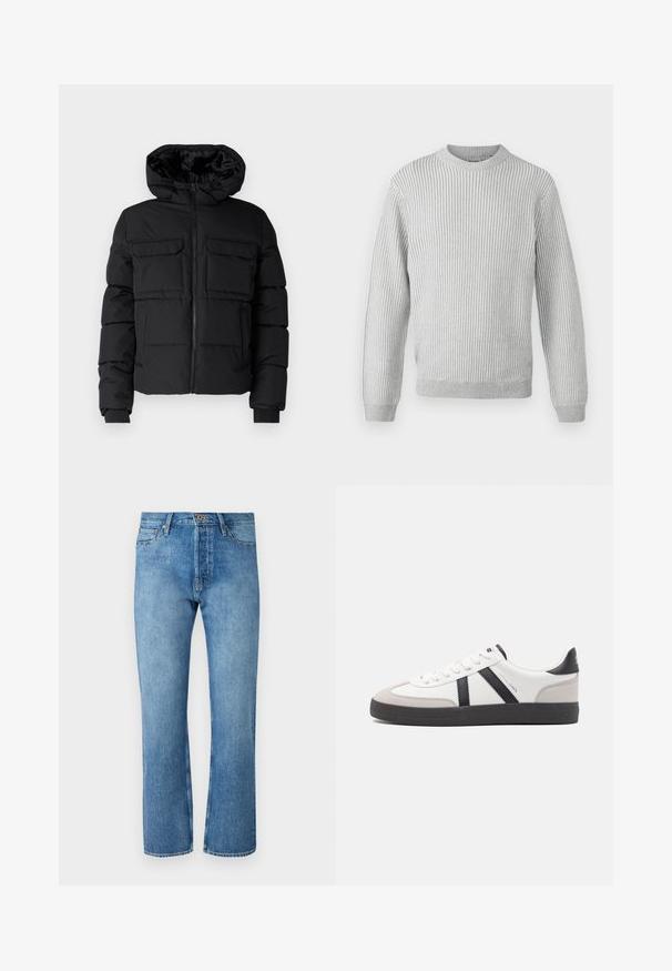 Schwarze gepolsterte Jacke mit Kapuze, zwei Brusttaschen, einem Frontreißverschluss und Rippbündchen. Glatte Textur und leichtes Design.; Hellgrauer gerippter Pullover mit rundem Ausschnitt, langen Ärmeln und geradem Saum. Hergestellt aus weichem, strukturiertem Stoff.; Helle blaue Jeans mit geradem Bein, ausgestattet mit einem klassischen Fünf-Taschen-Design, einem Knopfverschluss und kontrastierenden Nähten.; Weiße Sneaker mit schwarz- und grau-aczenten, ausgestattet mit einer strukturierten grauen Zehenkappe, schwarzer Gummi-Sohle und flachen weißen Schnürsenkeln. Sauberes Design, minimalistische Stil.