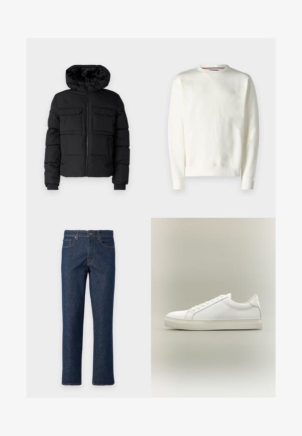 Schwarze gepolsterte Jacke mit Kapuze, zwei Brusttaschen, einem Frontreißverschluss und Rippbündchen. Glatte Textur und leichtes Design.; Weißer Pullover mit Rundhalsausschnitt, gerippten Bündchen und einem subtilen Logodetail. Weiches Material mit glatter Textur und minimalistischem Design.; Dunkelblaue Jeans aus Denim mit geradem Bein, ausgestattet mit einem Knopfverschluss, fünf Taschen und kontrastierenden Nähten.; Weißer Sneaker mit niedrigem Schaft, vorn mit Schnürung und dicker Sohle, aus der Seitenansicht vor neutralem Hintergrund.