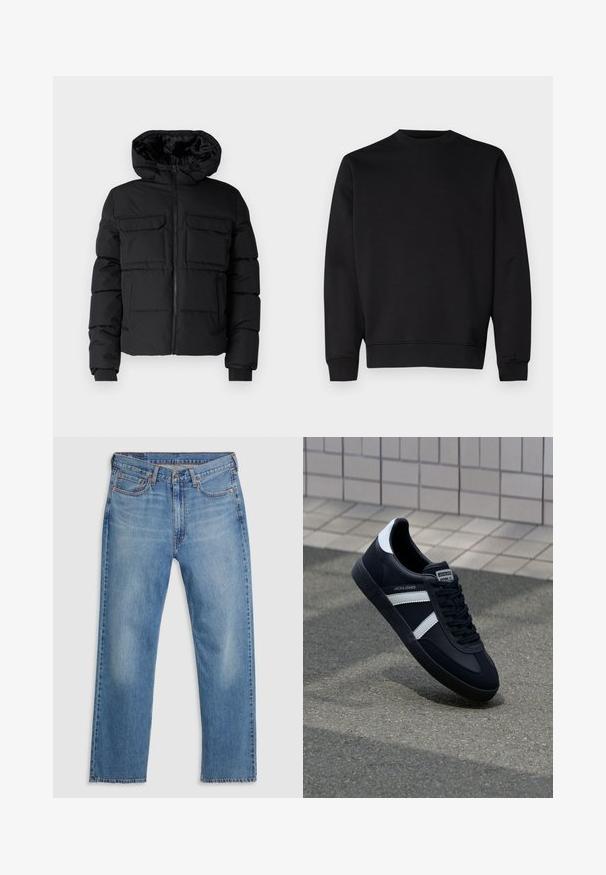 Schwarze gepolsterte Jacke mit Kapuze, zwei Brusttaschen, einem Frontreißverschluss und Rippbündchen. Glatte Textur und leichtes Design.; Schwarzes Sweatshirt aus weichem Material, mit rundem Halsausschnitt, langen Ärmeln sowie gerippten Bündchen und Saum für eine taillierte Passform.; Blaue gerade geschnittene Denim-Jeans mit vorne liegendem Knopf- und Reißverschluss, Gürtelschlaufen und Fünf-Taschen-Design auf weißem Hintergrund.; Schwarze Leder-Sneaker mit weißen Streifen, strukturiertem Gummisohle und Schnürung. Verfügt über ein Markenetikett auf der Zunge.