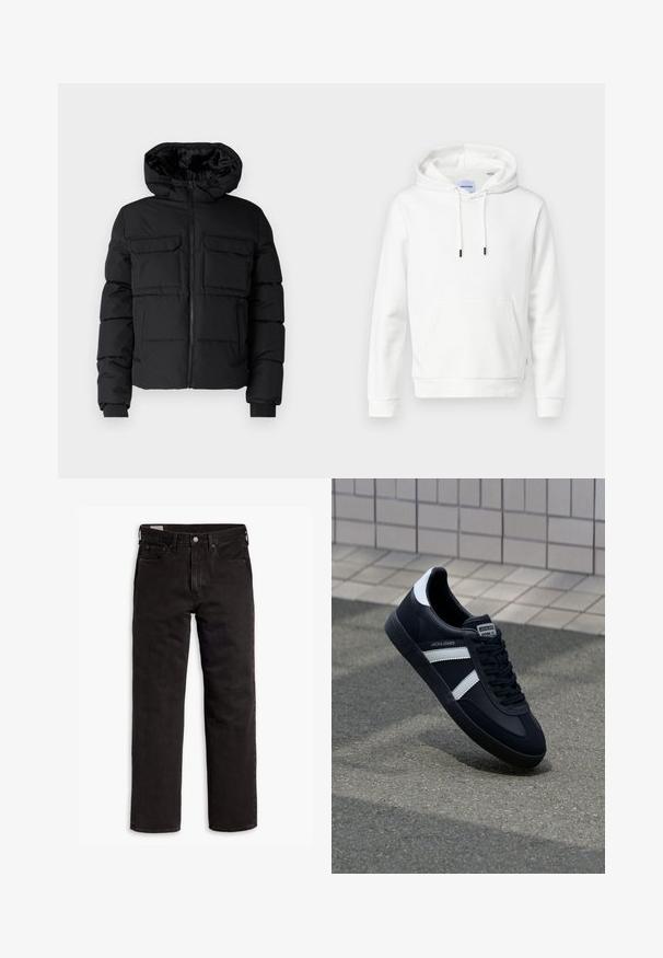 Zwarte gewatteerde jas met capuchon, voorzien van twee borstzakken, een ritssluiting aan de voorkant en ribboorden. Soepele textuur en lichtgewicht ontwerp.; Witte hoodie van zacht katoen, met een voorzak, verstelbare koorden en ribgebreide manchetten. Eenvoudig, effen ontwerp met een ontspannen pasvorm.; Zwarte recht gesneden denim jeans met vijf zakken, knoopsluiting en riemlussen, plat gelegd op een witte achtergrond.; Zwarte leren sneaker met witte strepen, een gestructureerde rubberen zool en vetersluiting aan de voorkant. Voorzien van een merklabel op de tong.