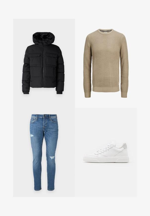 Sort polstret jakke med hætte, der har to brystlommer, en frontlynlås og ribbede ærmer. Glat overflade og letvægtsdesign.; Beige langærmet strikket sweater med tekstureret vaffelmønster, rund halsudskæring samt ribstrikkede manchetter og kant.; Fadede blå denim jeans med slim fit, der har slidte områder ved knæene, en knaplukning og fem-lomme design.; Hvide lædersneakers med en glat finish, rund tå, flade snørebånd og en struktureret sål. Grå ruskindsdetalje ved hælen.