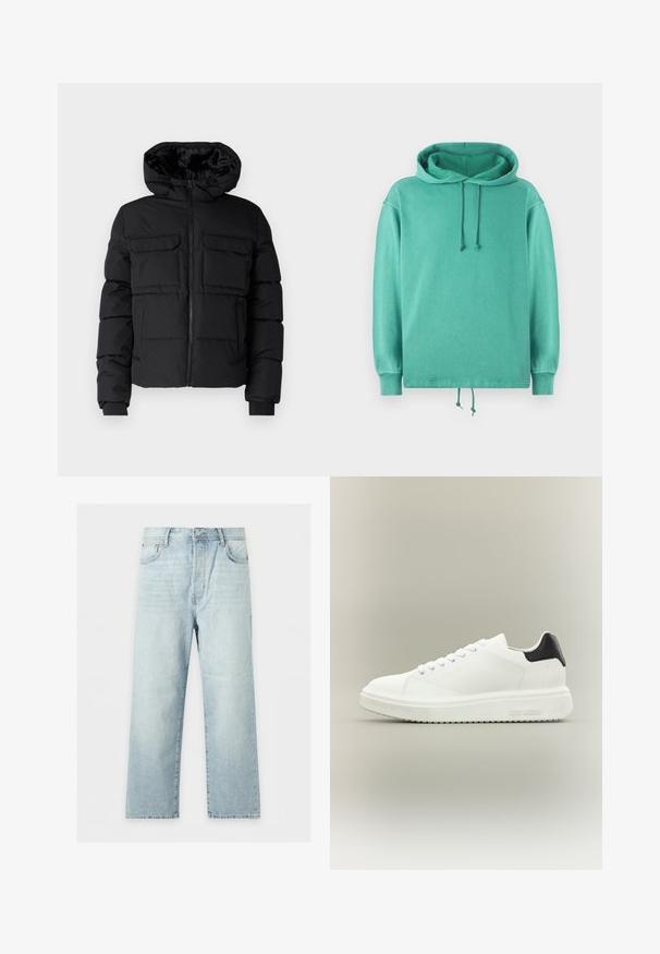 Sort polstret jakke med hætte, der har to brystlommer, en frontlynlås og ribbede ærmer. Glat overflade og letvægtsdesign.; Mintgrøn hoodie lavet af blødt stof med en afslappet pasform, der har en rummelig halsudskæring, snore og ribbede ærmer.; Lyseblå jeans med brede ben, fem lommer, knap- og lynlåslukning samt let falmet vask, lagt fladt på en hvid baggrund.; Hvid lav sneakers med tyk sål, snørelukning foran og sort hælstrop, mærket med "Steve Madden" på siden af sålen.
