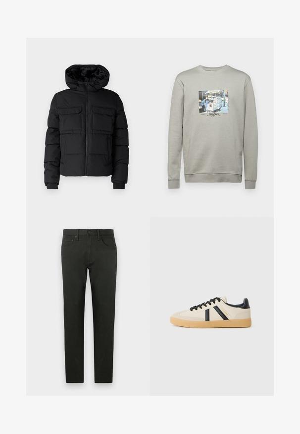 Sort polstret jakke med hætte, der har to brystlommer, en frontlynlås og ribbede ærmer. Glat overflade og letvægtsdesign.; Grå sweatshirt lavet af bomuldsblanding; har et centralt grafisk print af en madvognsscene og teksten "New York" med dekorativ skrift.; Mørkegrønne bomuldsbukser med slim fit. Har lige ben, forlommer og knaplukning. Glat tekstur, minimal dekoration.; Casual sneakers i creme med sorte striber, med en tekstureret overdel og sål i gummigummi. Snørebåndene er sorte. Diskret logo på siden.