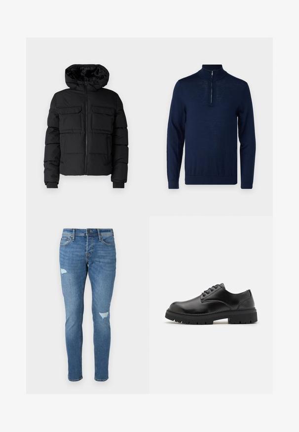 Sort polstret jakke med hætte, der har to brystlommer, en frontlynlås og ribbede ærmer. Glat overflade og letvægtsdesign.; Mørkeblå, langærmet pullover med kvart-zip krave. Glat tekstur, tætsiddende design, minimale søm-detaljer og ingen synlige logoer.; Fadede blå denim jeans med slim fit, der har slidte områder ved knæene, en knaplukning og fem-lomme design.; Sorte lædersko med rund tå, snørelukning og en tykk, struktureret gummisål. Har syninger langs kanten og en glat overflade.
