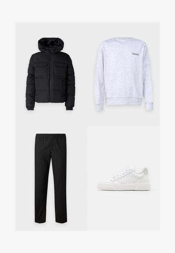 Sort polstret jakke med hætte, der har to brystlommer, en frontlynlås og ribbede ærmer. Glat overflade og letvægtsdesign.; Grå sweatshirt lavet af bomuldsblanding, med rund halsudskæring, der har en lille sort "Club1990" tekst på venstre brystområde.; Sorte bukser med lige ben og elastisk taljebånd, ingen synlige lommer eller pynt.; Hvide lædersneakers med en glat finish, rund tå, flade snørebånd og en struktureret sål. Grå ruskindsdetalje ved hælen.