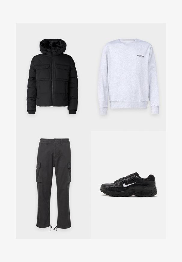 Schwarze gepolsterte Jacke mit Kapuze, zwei Brusttaschen, einem Frontreißverschluss und Rippbündchen. Glatte Textur und leichtes Design.; Grauer sweatshirt aus Baumwollmischung, mit Rundhalsausschnitt, ausgestattet mit einem kleinen schwarzen "Club1990"-Text auf der linken Brustseite.; Schwarze Cargo-Hosen mit zwei Seitentaschen, verstellbaren Kordelzugbündchen, einem Knopfverschluss und einer glatten, strapazierfähigen Stoffoberfläche.; Schwarze Sportschuhe mit einem strukturierten Mesh-Obermaterial und Gummisohle. Ikonisches weißes Swoosh-Logo an der Seite, mit Schnürdesign.