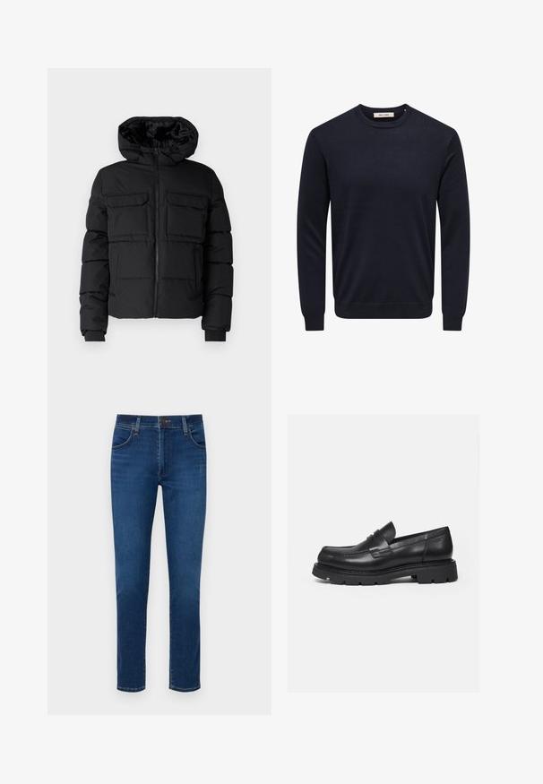 Schwarze gepolsterte Jacke mit Kapuze, zwei Brusttaschen, einem Frontreißverschluss und Rippbündchen. Glatte Textur und leichtes Design.; Marineblauer Langarmpullover mit Rundhalsausschnitt, gerippten Bündchen an Ärmel, Saum und Hals, mit dem Label "Only & Sons" innen am Kragen.; Dunkelblaue Jeans aus Denim mit geradem Bein, vorderen Taschen und einem Knopfverschluss am Bund. Glatte Textur, minimale Details.; Schwarzer Lederloafer mit dicker, profilierter Sohle und Pennyriemen-Detail, von der rechten Seitenansicht auf weißem Hintergrund gezeigt.