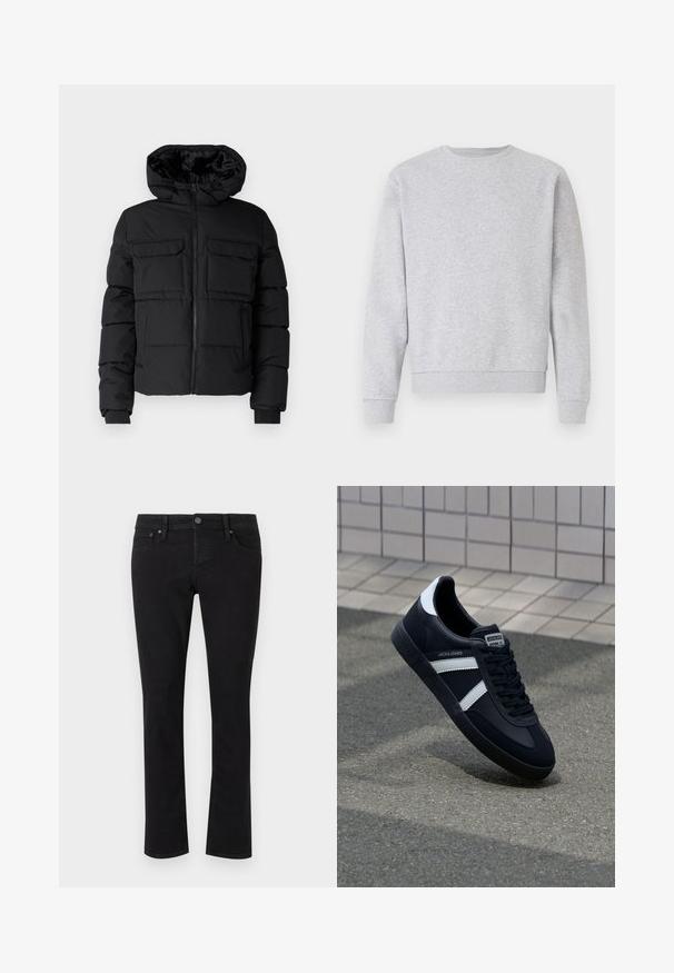 Sort polstret jakke med hætte, der har to brystlommer, en frontlynlås og ribbede ærmer. Glat overflade og letvægtsdesign.; Grå sweatshirt lavet af blødt stof, med rund hals, lange ærmer samt ribbemanchetter og -kant. Simpelt design uden logoer eller mønstre.; Sorte denimjeans med lige snit, fem-lomme design, metalknaplukning og minimal syning. Glat tekstur hele vejen igennem.; Sort lædersneaker med hvide striber, tekstureret gummisål og snørrebånd foran. Har et brandet mærke på tungen.