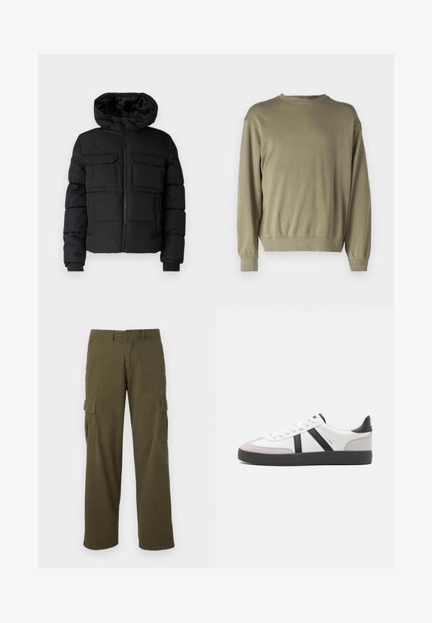 Sort polstret jakke med hætte, der har to brystlommer, en frontlynlås og ribbede ærmer. Glat overflade og letvægtsdesign.; Oliven grøn, langærmet sweatshirt lavet af blødt bomuldsblanding. Har en rund halsudskæring og ribbede manchetter med en afslappet pasform.; Olivengrønne cargo-bukser med lige ben-design, der har sidelommer, knaplukning og et holdbart stof.; Hvide sneakers med sorte og grå detaljer, med en tekstureret grå tåhætte, sort gummisål og flade hvide snørebånd. Rent design, minimalistisk stil.
