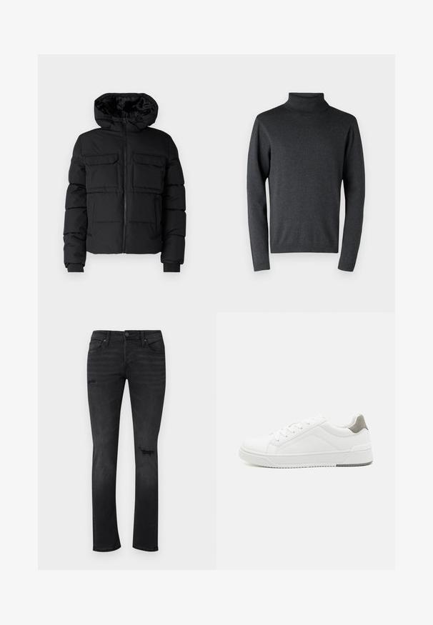 Veste rembourrée noire avec capuche, dotée de deux poches poitrine, d'une fermeture éclair à l'avant et de poignets côtelés. Texture lisse et design léger.; Pull à col roulé gris foncé en matériau doux, doté de manches longues et de bords côtelés aux poignets et à l'ourlet, avec une texture lisse et uniforme.; Jeans en denim noir avec une coupe slim, présentant des zones déchirées visibles au niveau des genoux, cinq poches, ainsi qu'une fermeture standard à bouton et à glissière.; Basket blanche en cuir lisse, à bout arrondi, design minimaliste, accent de talon gris et semelle en caoutchouc texturé.