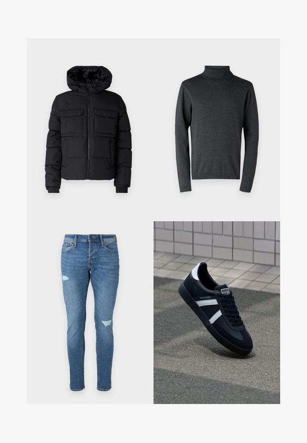 Sort polstret jakke med hætte, der har to brystlommer, en frontlynlås og ribbede ærmer. Glat overflade og letvægtsdesign.; Mørkegrå sweater med høj hals lavet af blødt materiale, med lange ærmer og ribstrikkede manchetter og kant, samt en glat og jævn struktur.; Fadede blå denim jeans med slim fit, der har slidte områder ved knæene, en knaplukning og fem-lomme design.; Sort lædersneaker med hvide striber, tekstureret gummisål og snørrebånd foran. Har et brandet mærke på tungen.