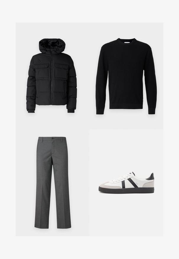 Sort polstret jakke med hætte, der har to brystlommer, en frontlynlås og ribbede ærmer. Glat overflade og letvægtsdesign.; Sort langærmet sweater med rund hals, ribstrikket tekstur og tætsiddende manchetter, vist på en ensartet lysegrå baggrund.; Grå skræddersyede bukser lavet af tekstureret stof, med lige ben, en knaplukning og bæltesløjfer. Ingen synlige mønstre eller accenter.; Hvide sneakers med sorte og grå detaljer, med en tekstureret grå tåhætte, sort gummisål og flade hvide snørebånd. Rent design, minimalistisk stil.