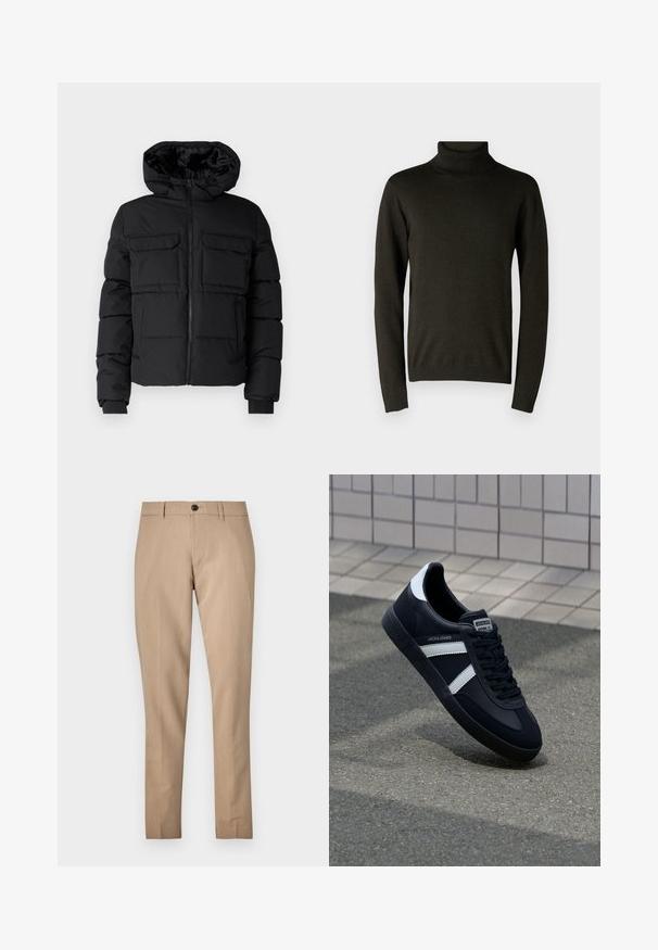 Sort polstret jakke med hætte, der har to brystlommer, en frontlynlås og ribbede ærmer. Glat overflade og letvægtsdesign.; Mørkegrøn turtleneck sweater lavet af blødt strikmateriale, med lange ærmer og ribbede manchetter og kant. Glat tekstur med minimal detaljering.; Beige skræddersyede bukser lavet af en glat stof, med knaplukning, bæltestropper og slank pasform med lige ben.; Sort lædersneaker med hvide striber, tekstureret gummisål og snørrebånd foran. Har et brandet mærke på tungen.