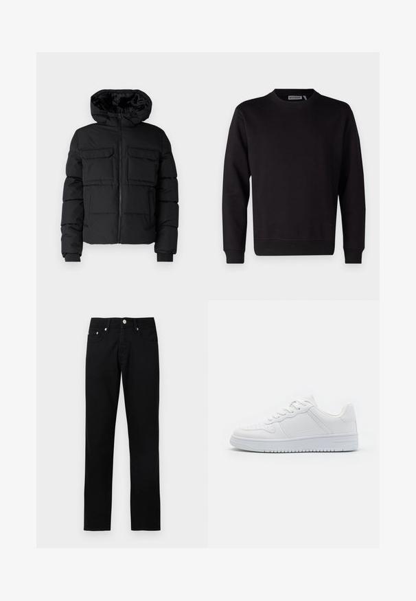 Schwarze gepolsterte Jacke mit Kapuze, zwei Brusttaschen, einem Frontreißverschluss und Rippbündchen. Glatte Textur und leichtes Design.; Schwarzes Sweatshirt aus einem glatten Baumwollmix, mit Rundhalsausschnitt, langen Ärmeln sowie gerippten Bündchen und Saum. Keine Muster oder Akzente sichtbar.; Schwarze Jeans mit geradem Bein, vorderer Knopfleiste, Reißverschluss, Gürtelschlaufen und fünf Taschen auf hellgrauem Hintergrund.; Weiße Sneaker aus glattem Synthetikmaterial, ausgestattet mit flachen Schnürsenkeln, perforierter Zehenpartie und einer gummierten Sohle mit einem strukturierten Grip-Muster.