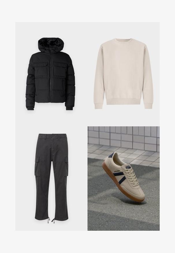 Zwarte gewatteerde jas met capuchon, voorzien van twee borstzakken, een ritssluiting aan de voorkant en ribboorden. Soepele textuur en lichtgewicht ontwerp.; Beige crewneck sweatshirt gemaakt van zachte katoen, met een ontspannen pasvorm, ribgebreide boorden en zoom, zonder zichtbare patronen of hardware.; Zwarte cargobroek met twee zijzakken, verstelbare trekkoordmanchetten, een knoopsluiting en een gladde, duurzame stofstructuur.; Beige sneaker met een textuurafwerking, marineblauwe strepen en een rubberen zool. Heeft een gevoerde tong en een traditioneel vetersysteem voor een veilige pasvorm.