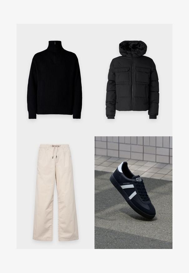 Schwarze gepolsterte Jacke mit Kapuze, zwei Brusttaschen, einem Frontreißverschluss und Rippbündchen. Glatte Textur und leichtes Design.; Schwarzer gerippter Rollkragenpullover mit einem Halb-Reißverschluss am Kragen, langärmlig und in lässiger Passform. Die Textur ist weich und grob.; Helle beige weit geschnittene Hose mit einem elastischen Bund und Kordelzug. Glattes Baumwollmaterial mit zwei vorderen Falten und ohne sichtbare Taschen.; Schwarze Leder-Sneaker mit weißen Streifen, strukturiertem Gummisohle und Schnürung. Verfügt über ein Markenetikett auf der Zunge.