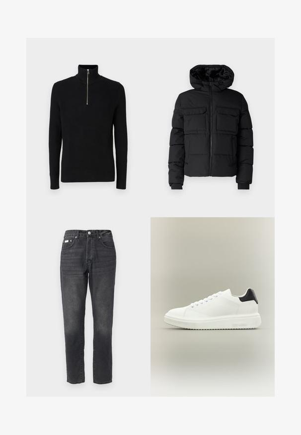 Veste rembourrée noire avec capuche, dotée de deux poches poitrine, d'une fermeture éclair à l'avant et de poignets côtelés. Texture lisse et design léger.; Pull en col roulé noir à côtes avec un design à zip quart et des manches longues. Fabriqué en tissu texturé, avec un motif à côtes verticales.; Jeans en denim noir avec une coupe droite, style à cinq poches et décoloration subtile. Complétés par une fermeture à bouton et à glissière.; Baskets basses blanches avec une semelle épaisse, fermeture à lacets sur le devant et languette de talon noire, marquées "Steve Madden" sur la semelle latérale.