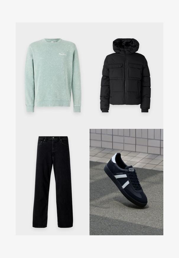 Zwarte gewatteerde jas met capuchon, voorzien van twee borstzakken, een ritssluiting aan de voorkant en ribboorden. Soepele textuur en lichtgewicht ontwerp.; Lichtgroene sweatshirt van zachte stof, met een ronde hals, lange mouwen, geribde manchetten en een klein wit logo op de borst.; Hollister Co. Baggy jeans - washed black; Zwarte leren sneaker met witte strepen, een gestructureerde rubberen zool en vetersluiting aan de voorkant. Voorzien van een merklabel op de tong.