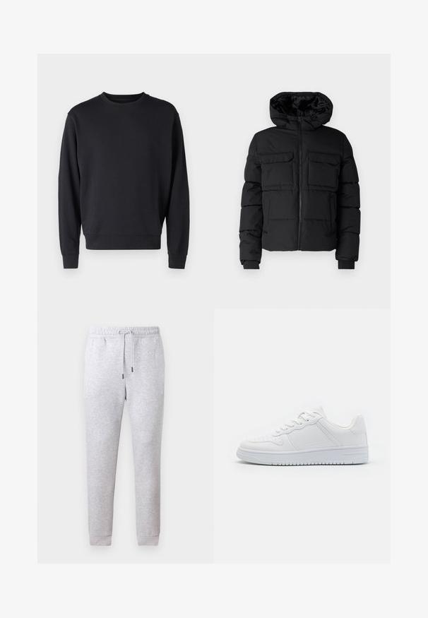 Sort polstret jakke med hætte, der har to brystlommer, en frontlynlås og ribbede ærmer. Glat overflade og letvægtsdesign.; Sort sweatshirt lavet af en bomuldsblanding med rund hals, lange ærmer og ribstrikkede manchetter og kant. Glat tekstur, minimalistisk design.; Grå sweatpants i blødt bomuldsblandingsmateriale. Har en elastisk talje med snørebånd og smalle cuffe. Glat tekstur, ingen mønstre.; Hvide sneakers lavet af glat syntetisk materiale, med flade snørebånd, perforeret tå og en gummisål med et tekstureret grebmønster.