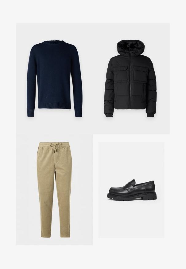 Chaqueta acolchada negra con capucha, que cuenta con dos bolsillos en el pecho, un cierre frontal con cremallera y puños de canalé. Textura suave y diseño ligero.; Selected SLMCODY LS KNIT CREW NECK NOOS - Jersey de punto - sky captain; Pantalones de pana marrón claro con cintura elástica y cordón, con corte recto y bolsillos laterales.; Mocasín negro de cuero con suela gruesa y acanalada y detalle de tira para moneda, mostrado en perfil lateral derecho sobre fondo blanco.