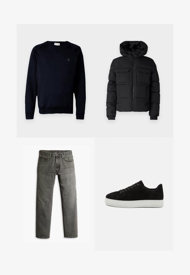 Sort polstret jakke med hætte, der har to brystlommer, en frontlynlås og ribbede ærmer. Glat overflade og letvægtsdesign.; Sort sweatshirt lavet af en blanding af bomuld, med rund halsudskæring, lange ærmer, ribbede manchetter og et lille logo på brystet.; Grå denim jeans med lige ben-design, klassisk fem-lomme stil og diskret sømdetaljer på sømme og lommer.; Sort ruskinds sneaker med hvid gummisål, rund tå og sorte snørebånd. Glat tekstur med minimalistisk design og ingen synlige mønstre.