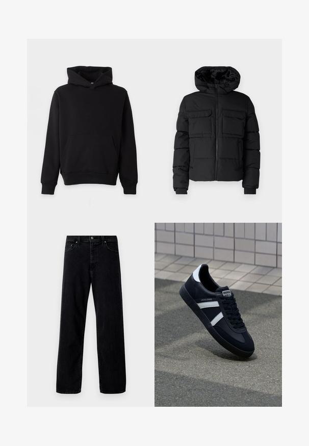 Schwarze gepolsterte Jacke mit Kapuze, zwei Brusttaschen, einem Frontreißverschluss und Rippbündchen. Glatte Textur und leichtes Design.; Schwarzes Kapuzen-Sweatshirt mit Kängurutasche, langen Ärmeln und gerippten Bündchen sowie Saum, vor hellem Hintergrund präsentiert.; Hollister Co. Baggy Jeans - washed black; Schwarze Leder-Sneaker mit weißen Streifen, strukturiertem Gummisohle und Schnürung. Verfügt über ein Markenetikett auf der Zunge.