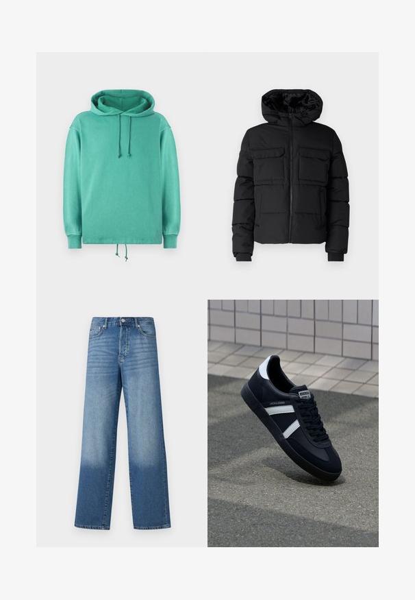 Sort polstret jakke med hætte, der har to brystlommer, en frontlynlås og ribbede ærmer. Glat overflade og letvægtsdesign.; Mintgrøn hoodie lavet af blødt stof med en afslappet pasform, der har en rummelig halsudskæring, snore og ribbede ærmer.; Blå højtaljede strækte jeans med falmede områder på lårerne og mørkere skygger nær kanten, synlig frontknap og lommer.; Sort lædersneaker med hvide striber, tekstureret gummisål og snørrebånd foran. Har et brandet mærke på tungen.