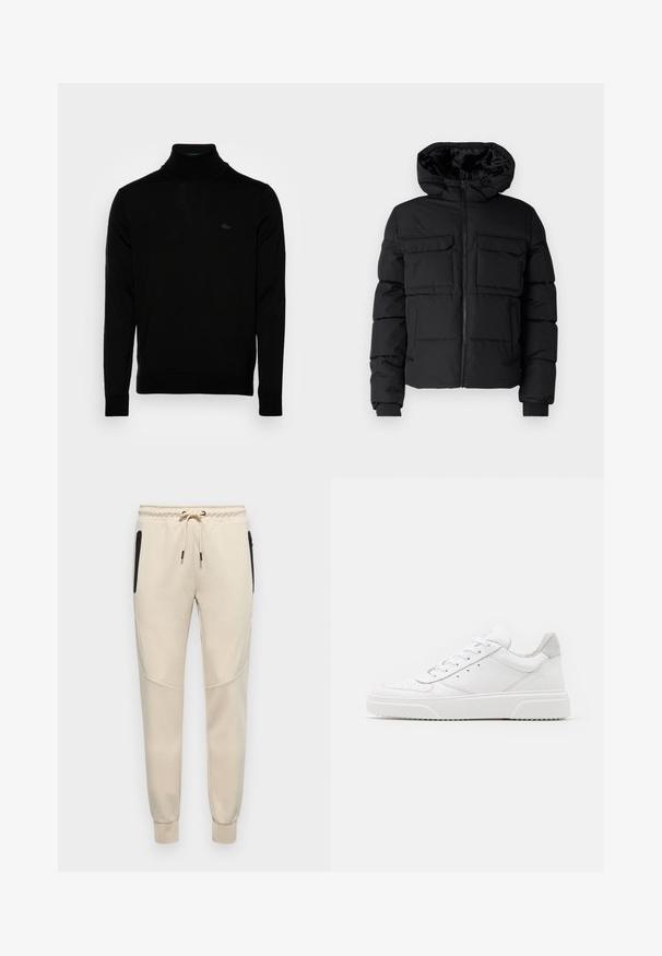 Sort polstret jakke med hætte, der har to brystlommer, en frontlynlås og ribbede ærmer. Glat overflade og letvægtsdesign.; Sort turtleneck sweater, ribbet tekstur, lange ærmer, tætsiddende design, diskret Lacoste-logo på brystet, materialet er af mellemvægtigt strik.; Lys beige sweatpants med snøre i taljen, sidelukker og tætsiddende manchetter med teksturerede detaljer på sidepanelerne.; Hvide lædersneakers med en glat finish, rund tå, flade snørebånd og en struktureret sål. Grå ruskindsdetalje ved hælen.