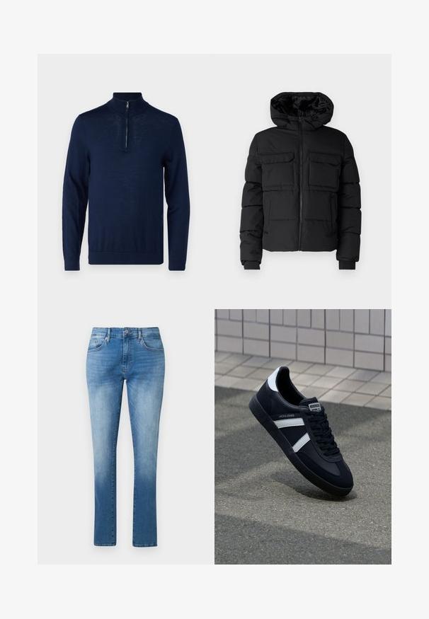 Schwarze gepolsterte Jacke mit Kapuze, zwei Brusttaschen, einem Frontreißverschluss und Rippbündchen. Glatte Textur und leichtes Design.; Navyblaues Langarm-Pullover mit einem Viertel-Reißverschluss-Kragen. Glatte Textur, körperbetontes Design, minimale Nahtdetails und keine sichtbaren Logos.; Blaue Jeans mit geradem Bein, mittlerer Bundhöhe, Knopf- und Reißverschluss und klassischem Fünf-Taschen-Design.; Schwarze Leder-Sneaker mit weißen Streifen, strukturiertem Gummisohle und Schnürung. Verfügt über ein Markenetikett auf der Zunge.
