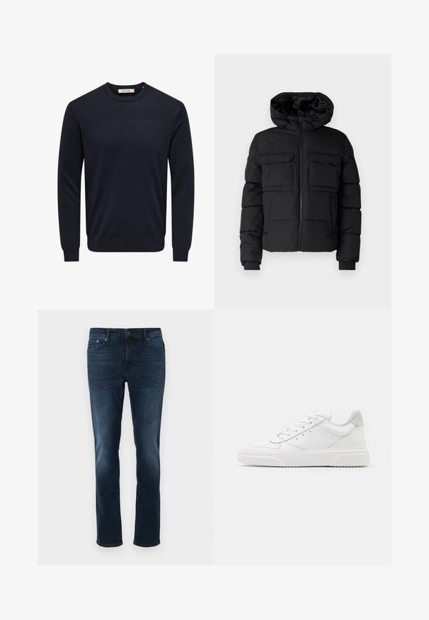 Veste rembourrée noire avec capuche, dotée de deux poches poitrine, d'une fermeture éclair à l'avant et de poignets côtelés. Texture lisse et design léger.; Pull bleu marine à manches longues avec col rond, bord-côtes aux poignets, à l'ourlet et à l'encolure, étiquette "Only & Sons" à l'intérieur du col.; Jeans en denim bleu foncé avec une coupe droite, taille moyenne, cinq poches et des détails de couture. Texture lisse avec des accents légèrement décolorés.; Des baskets en cuir blanc avec une finition lisse, un bout rond, des lacets plats et une semelle texturée. Accents en daim gris au niveau du talon.