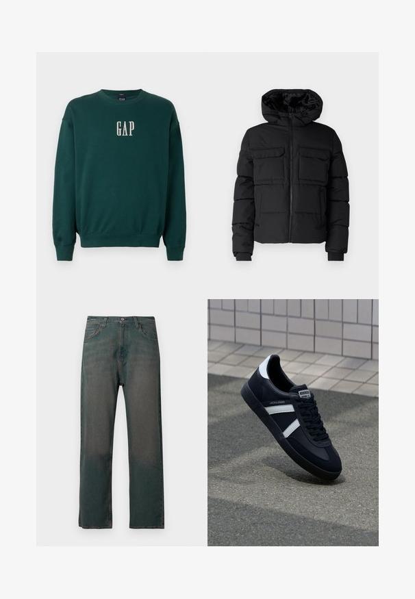 Zwarte gewatteerde jas met capuchon, voorzien van twee borstzakken, een ritssluiting aan de voorkant en ribboorden. Soepele textuur en lichtgewicht ontwerp.; Groene sweatshirt met lange mouwen, voorzien van geribbelde manchetten en tailleband, met een witte geborduurde "GAP"-logo op de borst. Zachte stofstructuur.; Donkergroene spijkerbroek met rechte pijpen, voorzien van een klassiek ontwerp met vijf zakken en contrasterende stiksels langs de naden.; Zwarte leren sneaker met witte strepen, een gestructureerde rubberen zool en vetersluiting aan de voorkant. Voorzien van een merklabel op de tong.
