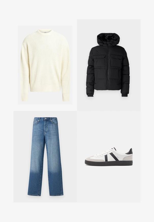 Veste rembourrée noire avec capuche, dotée de deux poches poitrine, d'une fermeture éclair à l'avant et de poignets côtelés. Texture lisse et design léger.; Pull en tricot crème clair avec une texture côtelée, un col rond et des épaules tombantes ; il présente une coupe décontractée et une couleur unie.; Jean droit taille haute bleu avec des dégradés au niveau des cuisses et une teinte plus foncée près des ourlets, avec un bouton avant et des poches visibles.; Baskets blanches avec des accents noirs et gris, présentant un embout texturé gris, une semelle en caoutchouc noir et des lacets plats blancs. Design épuré, style minimaliste.