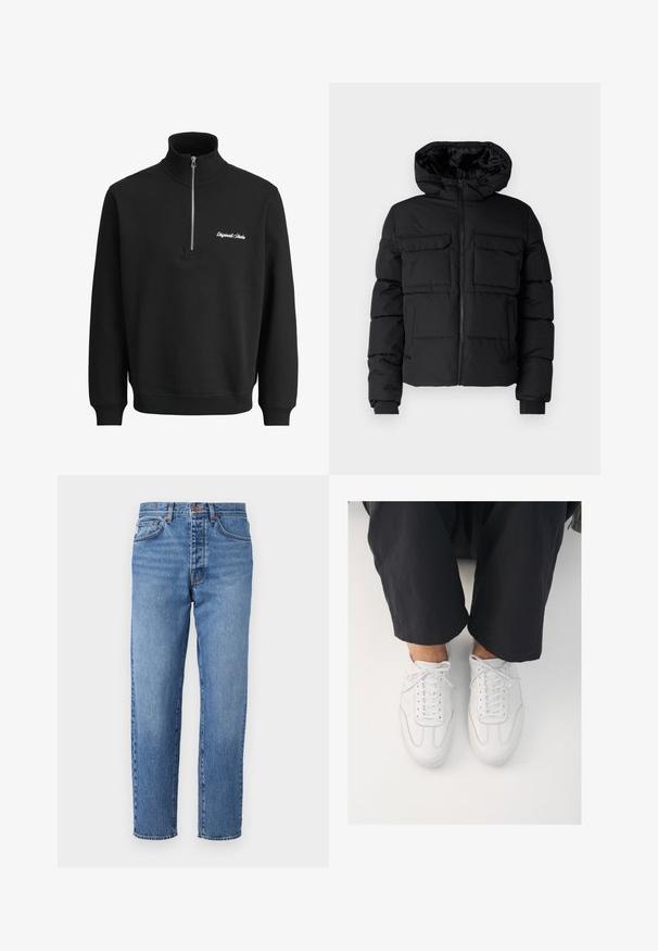Schwarze gepolsterte Jacke mit Kapuze, zwei Brusttaschen, einem Frontreißverschluss und Rippbündchen. Glatte Textur und leichtes Design.; Schwarzer Pullover mit langen Ärmeln, halbem Reißverschluss am Kragen und kleinem weißen, gesticktem Schriftzug auf der linken Brust.; Hellblaues Denim-Jeanspaar mit geradem Schnitt, fünf Taschen und Knopfverschluss. Überwaschene Textur mit leichtem Ausbleichen an der Vorderseite.; Weiße Ledersneaker mit glatter Textur, runder Zehenform und klassischem Schnürsystem, platziert über dunklen, locker sitzenden Hosen.