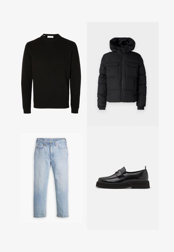 Chaqueta acolchada negra con capucha, que cuenta con dos bolsillos en el pecho, un cierre frontal con cremallera y puños de canalé. Textura suave y diseño ligero.; Jersey de punto negro de manga larga con cuello redondo, puños y bajo acanalados, mostrado sobre un fondo blanco liso.; Jeans de mezclilla azul claro con un diseño de pierna recta, estilo de cinco bolsillos y costuras en contraste. Cierre de botón y cremallera en la cintura.; Zapatos estilo mocasín de cuero negro con suela plana y texturizada, con puntera cosida y una correa a lo largo del empeine.