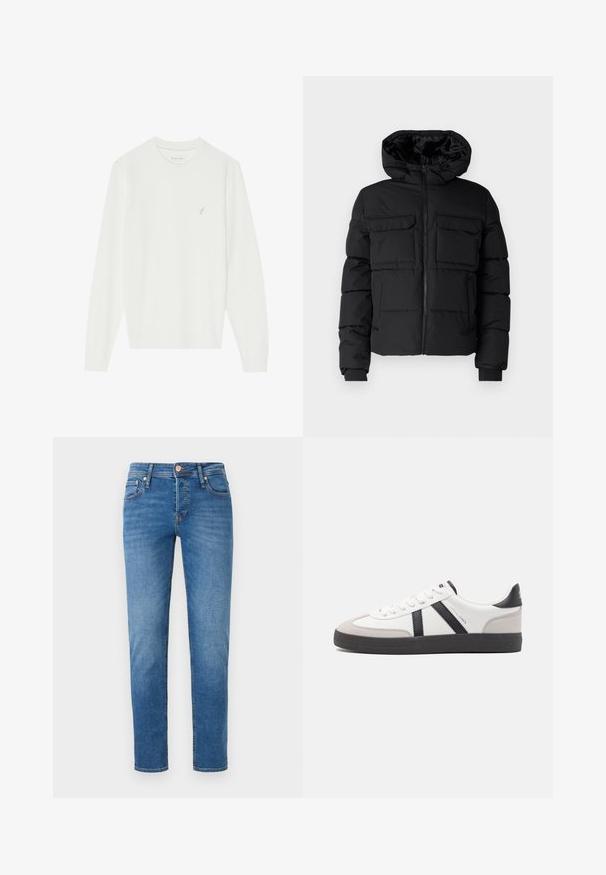 Sort polstret jakke med hætte, der har to brystlommer, en frontlynlås og ribbede ærmer. Glat overflade og letvægtsdesign.; Hvid langærmet sweater lavet af blødt strikket materiale. Har en rund hals og et lille broderet fugledesign på venstre bryst.; Blå denimjeans med slim fit, fem-lomme stil, frontknaplukning og subtil falmning på lår og knæ.; Hvide sneakers med sorte og grå detaljer, med en tekstureret grå tåhætte, sort gummisål og flade hvide snørebånd. Rent design, minimalistisk stil.