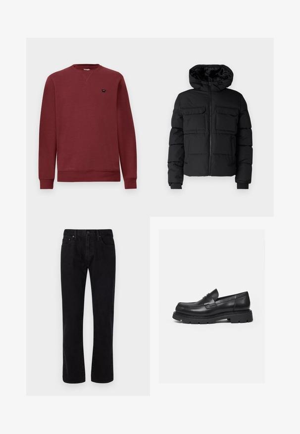 Schwarze gepolsterte Jacke mit Kapuze, zwei Brusttaschen, einem Frontreißverschluss und Rippbündchen. Glatte Textur und leichtes Design.; Burgunderfarbenes Sweatshirt mit Rundhalsausschnitt, langen Ärmeln, gerippten Bündchen und Saum. Mit einem kleinen schwarzen Logo auf der linken Brust.; Schwarze Jeans aus Denim mit geradem Bein, ausgestattet mit fünf Taschen, einem Knopfverschluss und subtilen Stickdetails. Glatte Textur.; Schwarzer Lederloafer mit dicker, profilierter Sohle und Pennyriemen-Detail, von der rechten Seitenansicht auf weißem Hintergrund gezeigt.