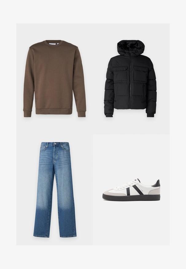 Zwarte gewatteerde jas met capuchon, voorzien van twee borstzakken, een ritssluiting aan de voorkant en ribboorden. Soepele textuur en lichtgewicht ontwerp.; Only & Sons ONSCERES CREW NECK - Sweater - major brown; Blauwe high-waisted straight-leg jeans met vervagingen op de dijen en donkerdere schaduwen nabij de zoom, met zichtbare knoop en zakken aan de voorkant.; Witte sneaker met zwarte en grijze accenten, voorzien van een grijze neus met textuur, zwarte rubberen zool en platte witte veters. Schoon ontwerp, minimalistische stijl.