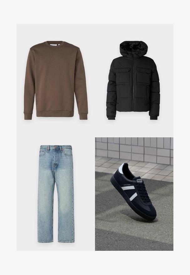 Schwarze gepolsterte Jacke mit Kapuze, zwei Brusttaschen, einem Frontreißverschluss und Rippbündchen. Glatte Textur und leichtes Design.; Only & Sons ONSCERES - Sweatshirt - major brown; Hellblaue Jeans aus Denim mit geradem Bein, fünf Taschen und bronzener Hardware. Minimale Ausbleichungen mit einem sauberen Finish.; Schwarze Leder-Sneaker mit weißen Streifen, strukturiertem Gummisohle und Schnürung. Verfügt über ein Markenetikett auf der Zunge.