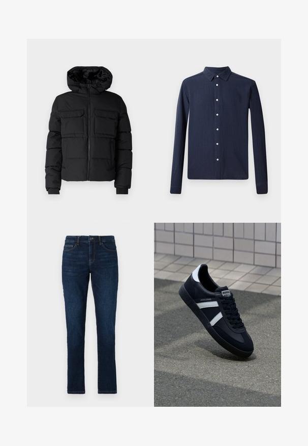 Sort polstret jakke med hætte, der har to brystlommer, en frontlynlås og ribbede ærmer. Glat overflade og letvægtsdesign.; Marineblå skjorte med lange ærmer og button-down krave, som har et struktureret stof og hvide knapper langs fronten. Lige snit i bunden.; Mørkeblå denimjeans med slim fit, standard fem lomme-design og lukning med knap og lynlås. Glat tekstur med minimal falming.; Sort lædersneaker med hvide striber, tekstureret gummisål og snørrebånd foran. Har et brandet mærke på tungen.