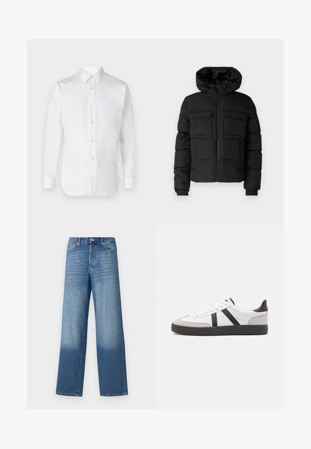 Veste rembourrée noire avec capuche, dotée de deux poches poitrine, d'une fermeture éclair à l'avant et de poignets côtelés. Texture lisse et design léger.; Chemise blanche à manches longues, en tissu coton lisse, avec un col classique et un subtil éclat. Cinq boutons sur le devant.; Jean droit taille haute bleu avec des dégradés au niveau des cuisses et une teinte plus foncée près des ourlets, avec un bouton avant et des poches visibles.; Baskets blanches avec des accents noirs et gris, présentant un embout texturé gris, une semelle en caoutchouc noir et des lacets plats blancs. Design épuré, style minimaliste.