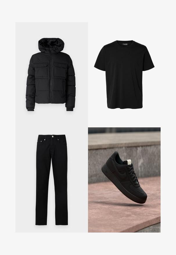 Schwarze gepolsterte Jacke mit Kapuze, zwei Brusttaschen, einem Frontreißverschluss und Rippbündchen. Glatte Textur und leichtes Design.; Schlichtes schwarzes T-Shirt mit kurzen Ärmeln und Rundhalsausschnitt in Herrenform, ohne sichtbare Muster oder Logos auf der Vorderseite.; Schwarze Jeans mit geradem Bein, vorderer Knopfleiste, Reißverschluss, Gürtelschlaufen und fünf Taschen auf hellgrauem Hintergrund.; Schwarzer Nike Air Force 1 Sneaker, der über einer rosa Betonkante mit grauem Stein-Hintergrund schwebt und Seiten- sowie Oberseiten-Details zeigt.