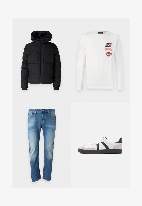 Schwarze gepolsterte Jacke mit Kapuze, zwei Brusttaschen, einem Frontreißverschluss und Rippbündchen. Glatte Textur und leichtes Design.; Weißes Langarmshirt mit drei roten und schwarzen Aufnähern auf der linken Brust: "REPLAY", "SPECIALIST" und ein geflügeltes V-Logo.; Blaue ausgewaschene gerade Jeans mit fünf Taschen, Knopfverschluss und sichtbaren Nahtdetails auf der Vorderseite.; Weiße Sneaker mit schwarz- und grau-aczenten, ausgestattet mit einer strukturierten grauen Zehenkappe, schwarzer Gummi-Sohle und flachen weißen Schnürsenkeln. Sauberes Design, minimalistische Stil.