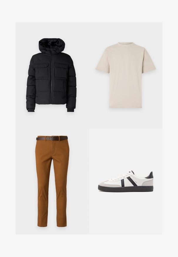 Sort polstret jakke med hætte, der har to brystlommer, en frontlynlås og ribbede ærmer. Glat overflade og letvægtsdesign.; Beige kortærmet t-shirt med rund hals, lavet af glat bomuldsstof, med en afslappet pasform og uden synlige mønstre eller udsmykninger.; Brune bomuldsbukser med slim fit, der har et brunt læderbælte og diskrete syninger. Glat tekstur og skræddersyet form.; Hvide sneakers med sorte og grå detaljer, med en tekstureret grå tåhætte, sort gummisål og flade hvide snørebånd. Rent design, minimalistisk stil.