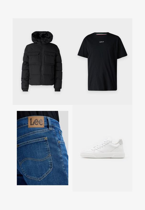 Schwarze gepolsterte Jacke mit Kapuze, zwei Brusttaschen, einem Frontreißverschluss und Rippbündchen. Glatte Textur und leichtes Design.; Schwarzes Baumwoll-T-Shirt mit Rundhalsausschnitt und kurzen Ärmeln. Das Wort "REPLAY" ist in Weiß über die Brust gestickt.; Blaue Denim-Jeans Nahaufnahme zeigt Gesäßtasche mit charakteristischer Naht und einem braunen Leder-Label der Marke Lee am Bund.; Weiße Leder-Sneaker mit glatter Oberfläche, rundem Zehenbereich, flachen Schnürsenkeln und strukturiertem Schuhsohlen. Graues Wildleder-Detail an der Ferse.