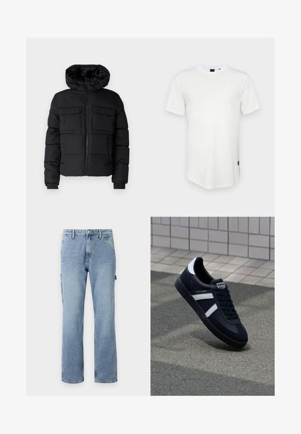 Sort polstret jakke med hætte, der har to brystlommer, en frontlynlås og ribbede ærmer. Glat overflade og letvægtsdesign.; Hvid kortærmet t-shirt lavet af bomuld, med rund halsudskæring og en let forlænget ryg, samt en lille logoaccent på siden.; Lyseblå denim cargo-bukser med lige ben, fem lommer og knaplukning. Har sidelommer og en afslappet, stram pasform.; Sort lædersneaker med hvide striber, tekstureret gummisål og snørrebånd foran. Har et brandet mærke på tungen.