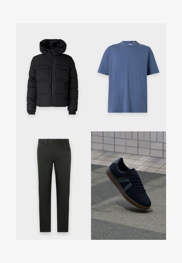 Veste rembourrée noire avec capuche, dotée de deux poches poitrine, d'une fermeture éclair à l'avant et de poignets côtelés. Texture lisse et design léger.; T-shirt bleu à manches courtes en coton doux, avec un col rond et une coupe décontractée, dotée de détails de couture minimaux.; Pantalons en coton vert foncé avec une coupe slim. Dotés d'une jambe droite, de poches avant et d'une fermeture à bouton. Texture lisse, détails minimes.; Baskets noires avec une surface texturée, rayures vert foncé et semelle en caoutchouc marron. Comprend des lacets et un logo sur le côté.